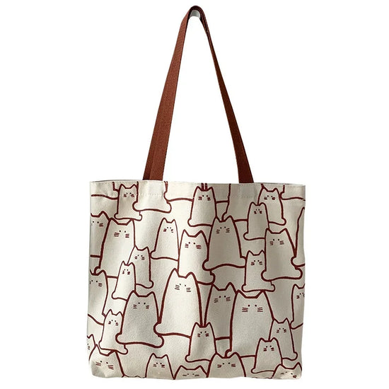 Cute Cat Shopper Handbags Shoulder Fashion Canvas Casual Shopping Girls Women Graphic Tote BagJapanese Cartoon Small Shoulder - Tasawoq