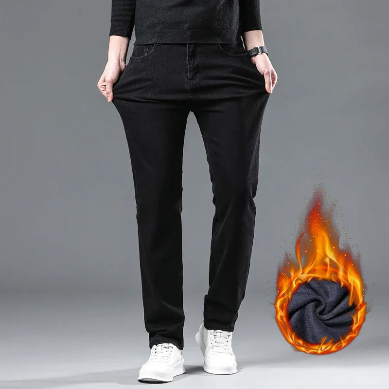 WTHINLEE Winter Men Black Straight Stretch Denim Thick Velvet Pants Warm Jeans Casual Fleece Line Trousers Male Plus Size - Tasawoq