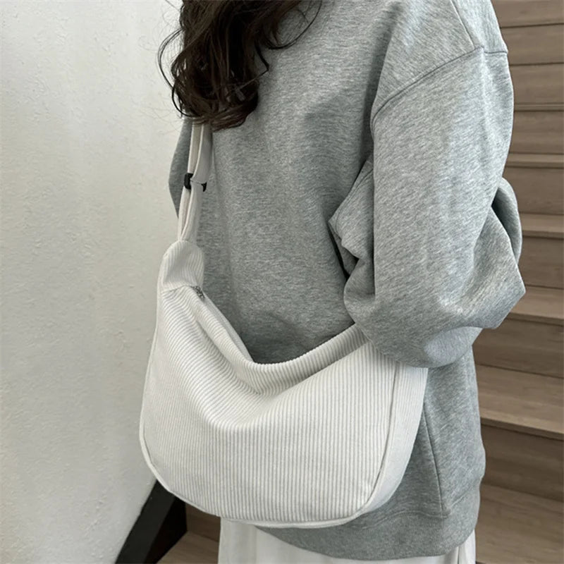 Corduroy Shoulder Bag Minimalist Crossbody Bag Women's Handbags Fashion Fabric Underarm Bag Solid Color Zipper Female Handbag - Tasawoq