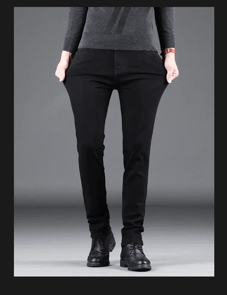 Spring Autumn New Men's Pure Black Slim Jeans Elastic Straight Pants Business Fashion Leisure Korean Vintage Denim Pants Male - Tasawoq