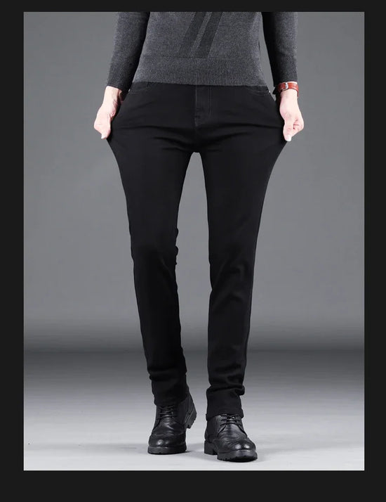 Spring Autumn New Men's Pure Black Slim Jeans Elastic Straight Pants Business Fashion Leisure Korean Vintage Denim Pants Male - Tasawoq