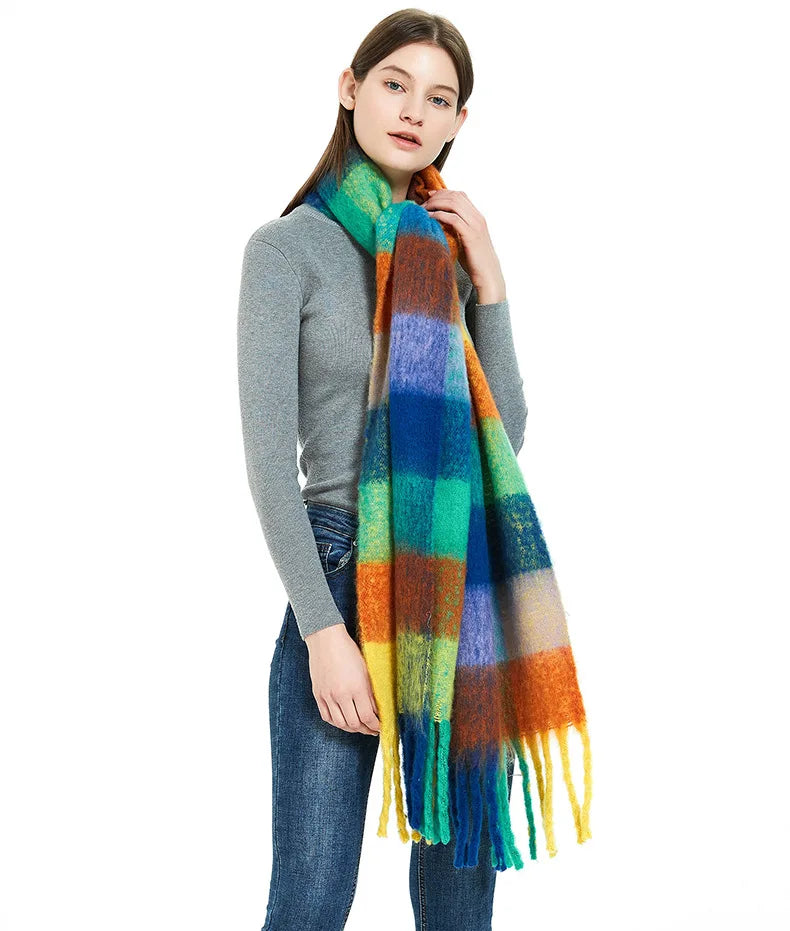 2025 Winter Thick Warm Scarf Women Cashmere Shawl and Wraps Pashmina Neckerchief Bufanda Female Rainbow Hairy Tessel Echarpe New - Tasawoq