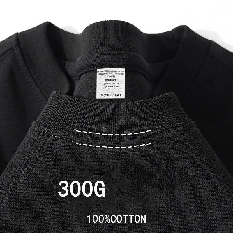 Summer Cotton Heavy Duty 300grams American Pure Cotton Short Sleeves T-shirt Men Casual Base Top Oversized T Shirt - Tasawoq