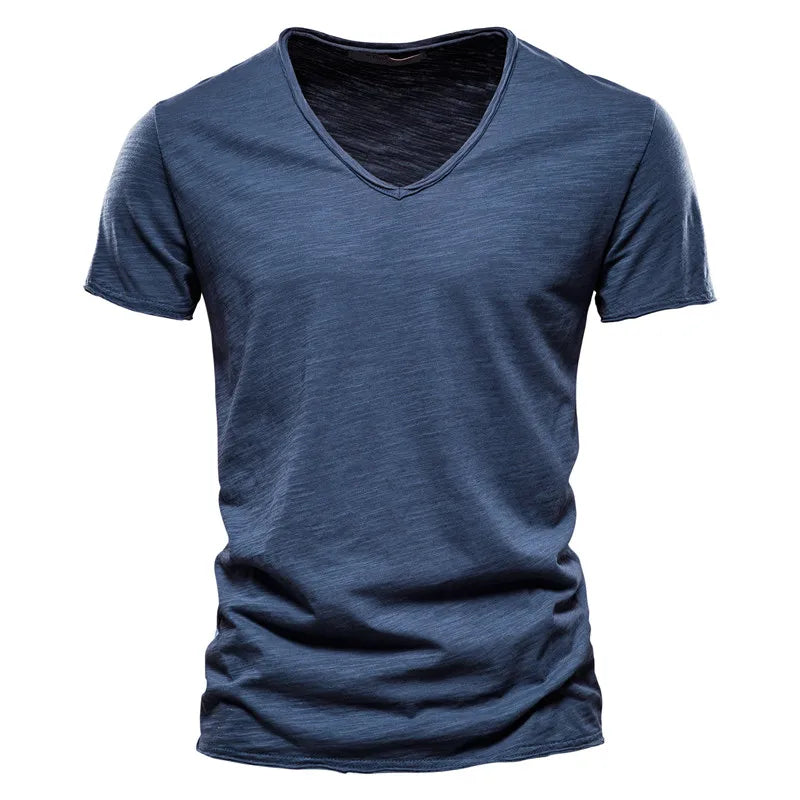 AIOPESON 100% Cotton Men T-shirt V-neck Fashion Design Slim Fit Soild T-shirts Male Tops Tees Short Sleeve T Shirt For Men - Tasawoq
