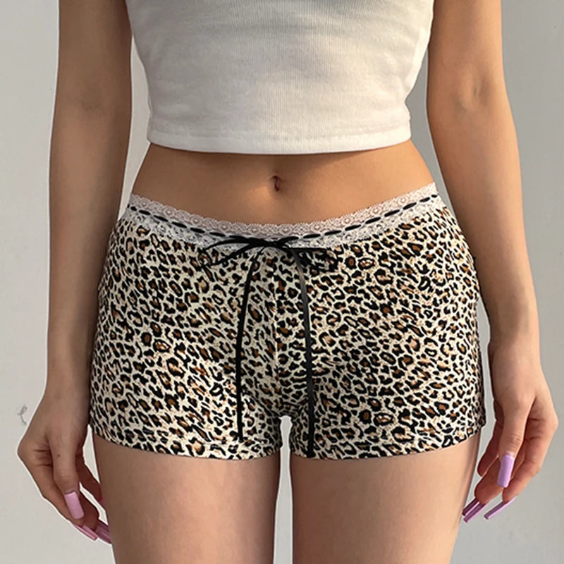CIBBAR Hot Sexy Leopard Print Shorts Streetwear y2k Lace Patchwork Bow Low Rise Skinny Short Pants Women Vintage 2000s Clothing - Tasawoq