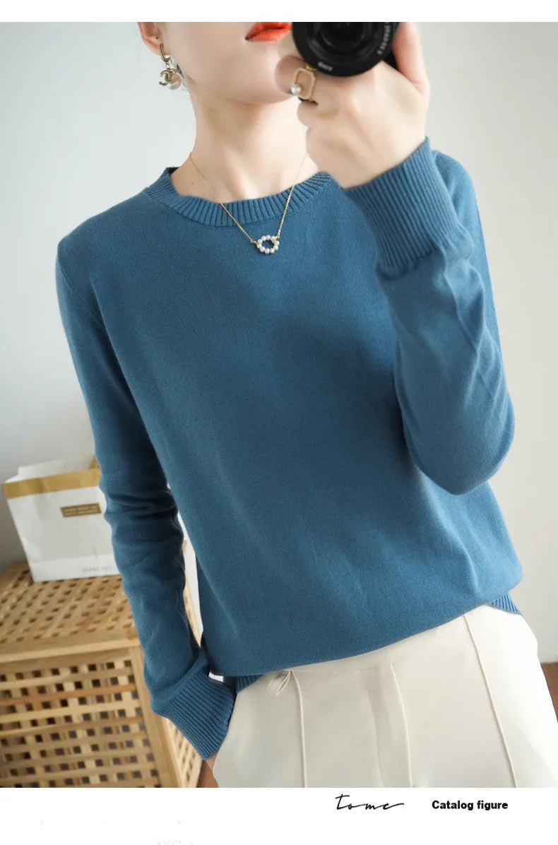 Women's 100% High-quality Cotton Knitted Sweater, Temperament Round Neck Top, Breathable And Versatile Pullover, Long Sleeved - Tasawoq