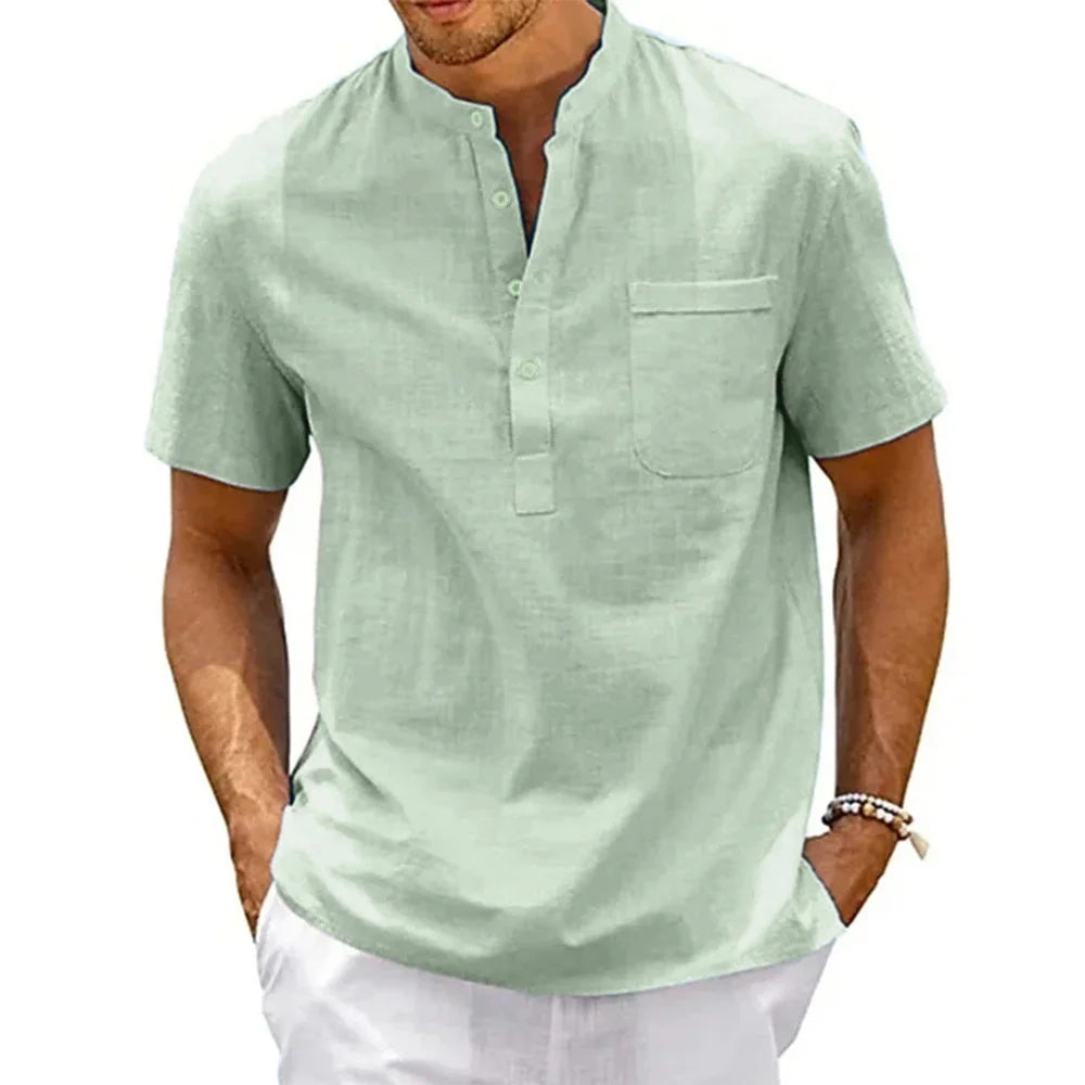 Cotton Linen Shirt Men Henley Neck Pocket Casual Beach Short Sleeve Solid Color Male Tops T-shirts Vintage Streetwear - Tasawoq