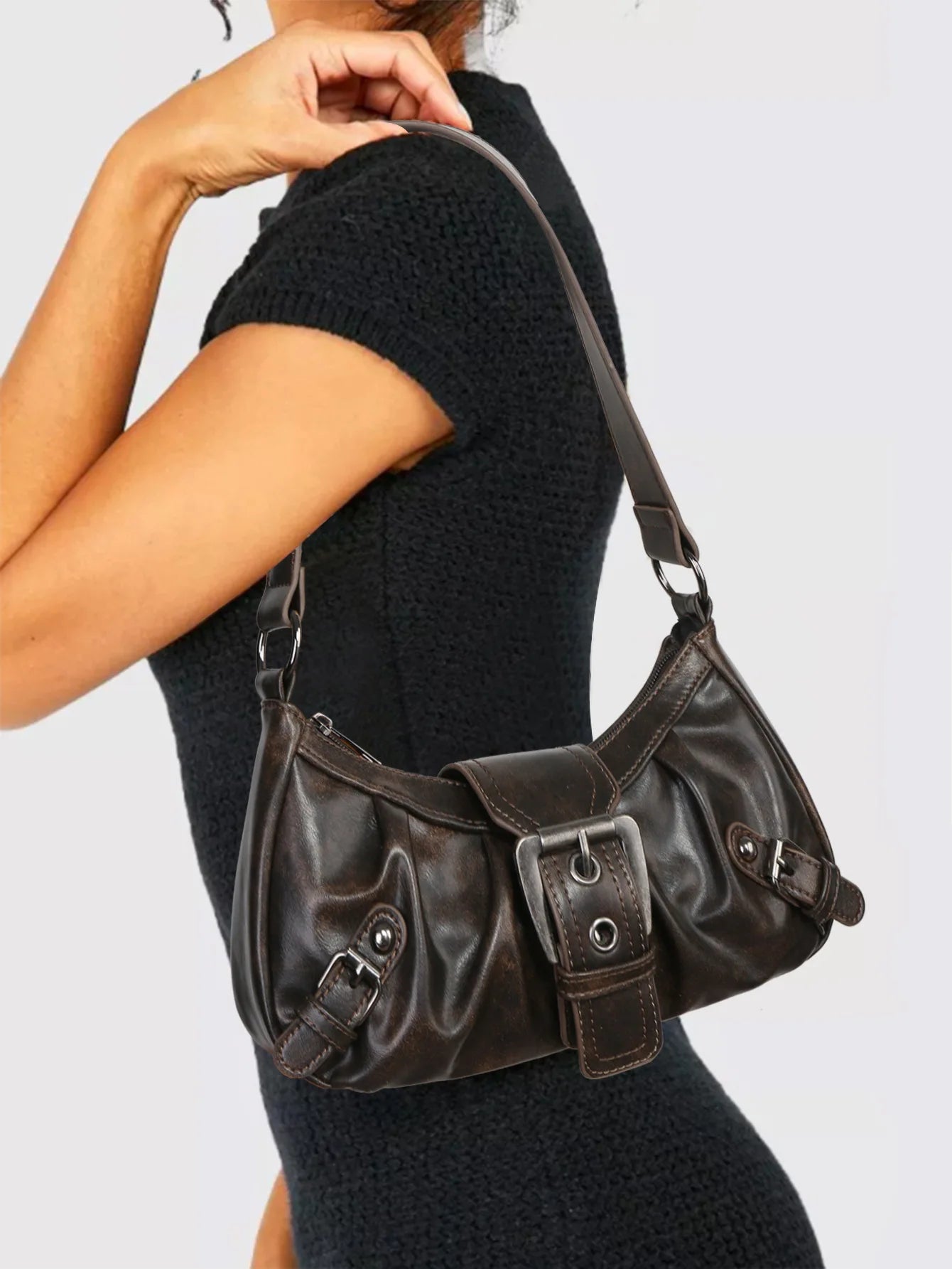 2024 spring hot selling Maillard style retro style small bag spicy girl Y2K wasteland style vintage leather shoulder armpit bag - Tasawoq