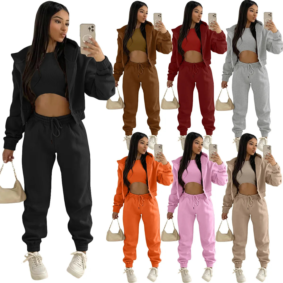 3pcs Women's Clothing Set Fleece-lined Hooded Sweater &Sleeveless Tank Top & Sports Sweatpants Pants - Tasawoq