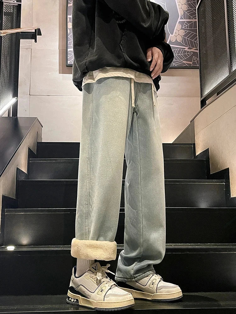 Winter Men's Jeans Korean Fashion Fleece Liner Thick Warm Straight Denim Pants Washed Cotton Retro Blue Wide Leg Jean Trousers - Tasawoq
