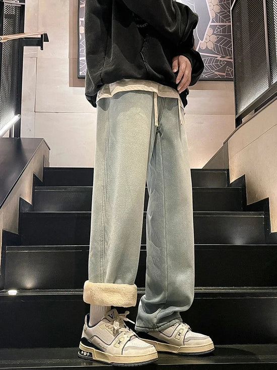 Winter Men's Jeans Korean Fashion Fleece Liner Thick Warm Straight Denim Pants Washed Cotton Retro Blue Wide Leg Jean Trousers - Tasawoq
