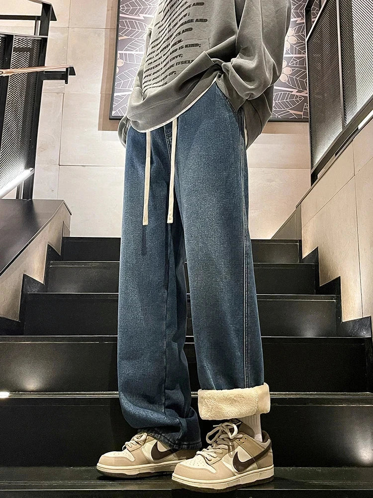 Winter Men's Jeans Korean Fashion Fleece Liner Thick Warm Straight Denim Pants Washed Cotton Retro Blue Wide Leg Jean Trousers - Tasawoq