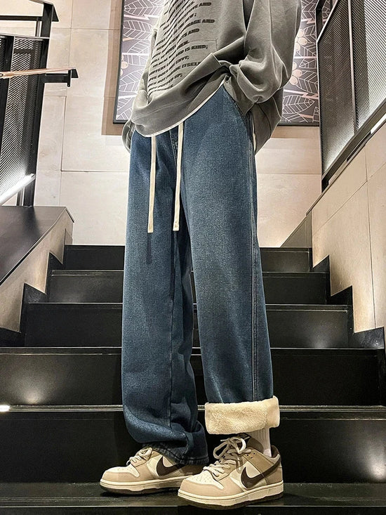 Winter Men's Jeans Korean Fashion Fleece Liner Thick Warm Straight Denim Pants Washed Cotton Retro Blue Wide Leg Jean Trousers - Tasawoq