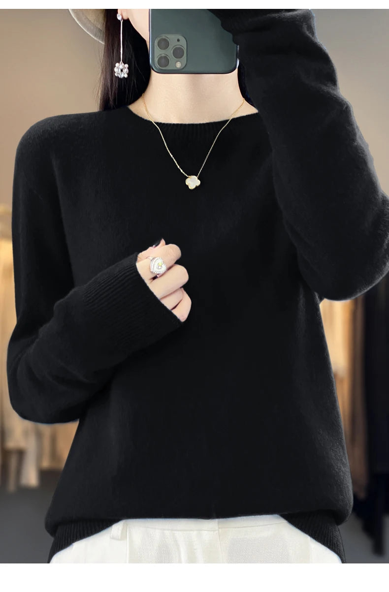 Women's 100% Beautiful Wool Round Neck Top Fashion Versatile Knitted Loose Long Sleeve Pullover Thin Sweater Yuan Ling - Tasawoq