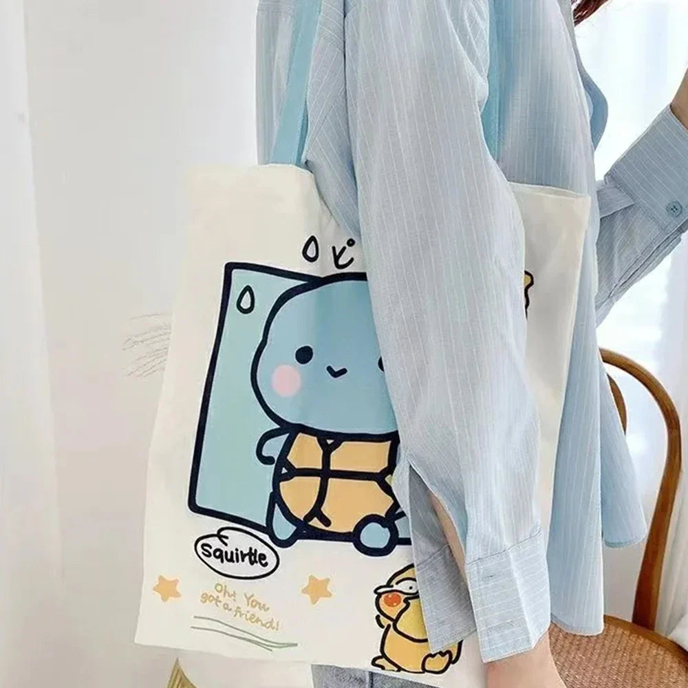Anime Pokemon Pikachu Canvas Shoulder Bags Psyduck Squirtle Ladies Casual Handbag Reusable Large Capacity Women Shopping Bag - Tasawoq