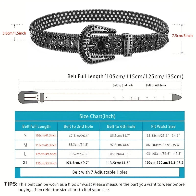 Men's Jeans Rhinestone Large Size Belt Women's Belt Western Denim Shiny Rivet Design Leather HipHop Punk Rock Y2K Style Belt - Tasawoq