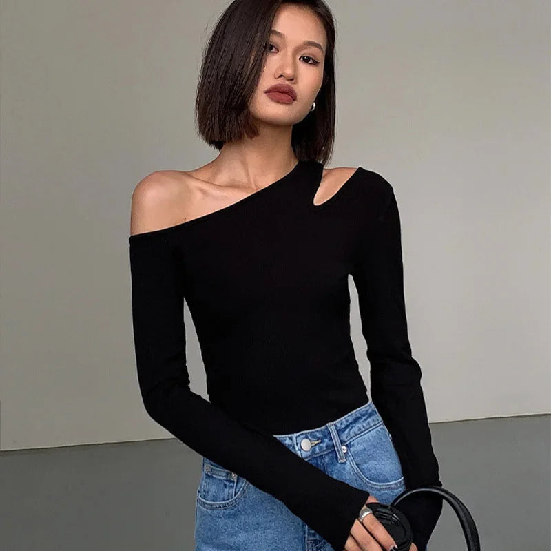 Fashion Skew Collar Off-shoulder Long-sleeved T-shirts Women Spring New Solid Slim Fit Crop Top Sexy Hollow Out Tees Shirts - Tasawoq
