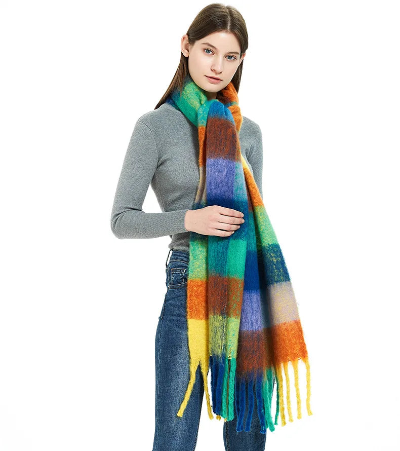 2025 Winter Thick Warm Scarf Women Cashmere Shawl and Wraps Pashmina Neckerchief Bufanda Female Rainbow Hairy Tessel Echarpe New - Tasawoq