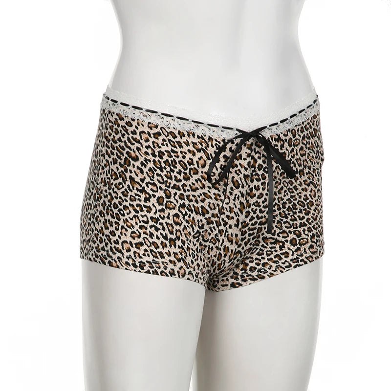 CIBBAR Hot Sexy Leopard Print Shorts Streetwear y2k Lace Patchwork Bow Low Rise Skinny Short Pants Women Vintage 2000s Clothing - Tasawoq