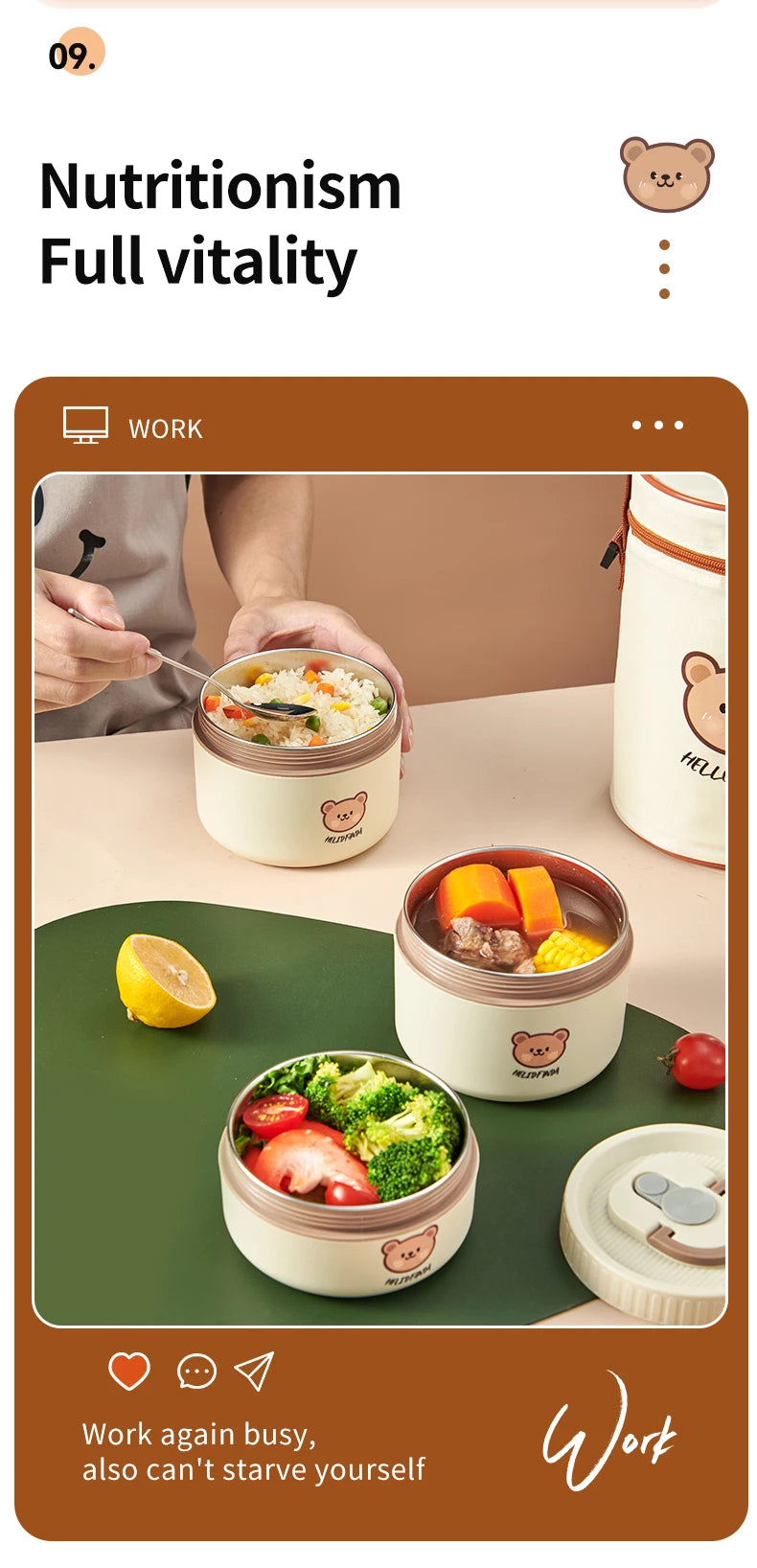WORTHBUY Cute Bear 304 Stainless Steel Thermal Lunch Box For Kids Adults Portable Microwave Bento Box Leak Proof Food Container