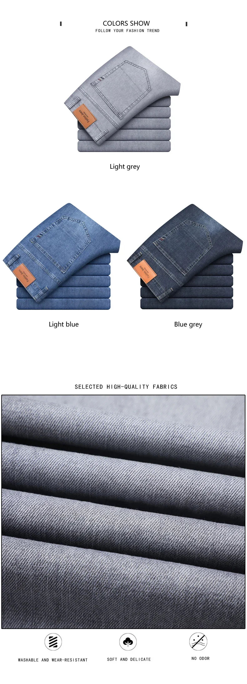 Summer Thin Men's Elastic Cotton Jeans Fashion Gray Comfortable Business Straight Casual Pants Brand Male Clothes Trousers - Tasawoq