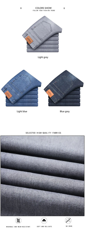 Summer Thin Men's Elastic Cotton Jeans Fashion Gray Comfortable Business Straight Casual Pants Brand Male Clothes Trousers - Tasawoq