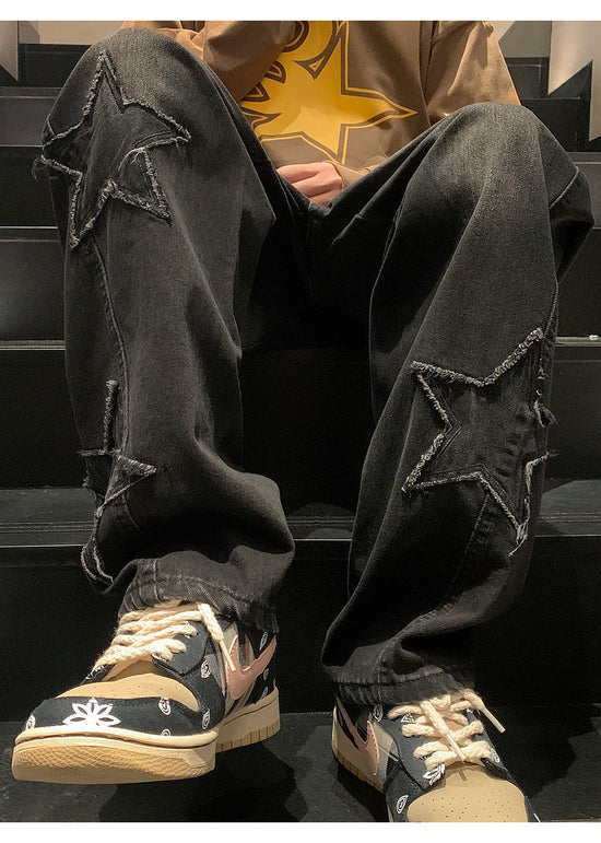 Star Embroidery Straight Casual Men Jeans Gothic Neutral New Wide Leg Loose Hip-hop Fashion Youth Streetwear Denim Trousers Y2K - Tasawoq