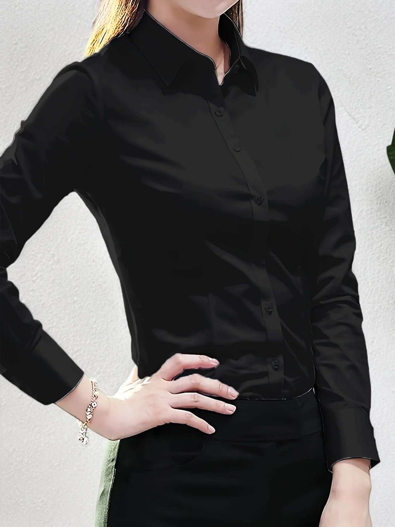 Elegant All-Season Solid Shirt Slim Button Tops Fashion White Shirt Turn-down Collar Women's Long Sleeve Blouse - Tasawoq