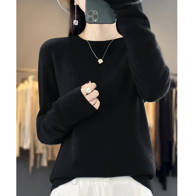 Women's 100% Beautiful Wool Round Neck Top Fashion Versatile Knitted Loose Long Sleeve Pullover Thin Sweater Yuan Ling - Tasawoq