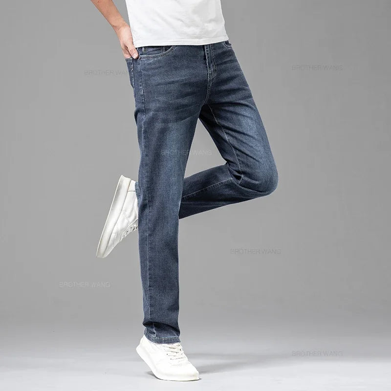 Summer Thin Men's Elastic Cotton Jeans Fashion Gray Comfortable Business Straight Casual Pants Brand Male Clothes Trousers - Tasawoq
