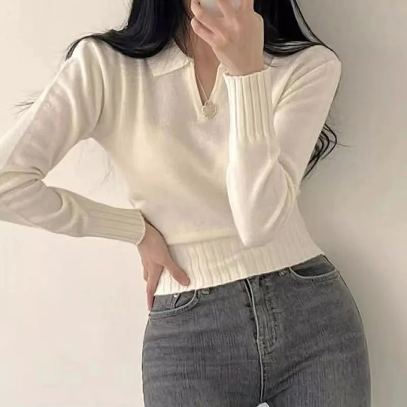 Xpqbb Korean Chic Turndown Collar Sweaters Female Gray Slim Fit Long Sleeve Cropped Sweater for Woman Streetwear Knit Pullovers - Tasawoq