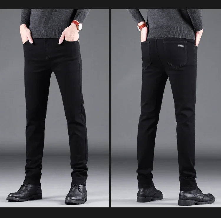 Spring Autumn New Men's Pure Black Slim Jeans Elastic Straight Pants Business Fashion Leisure Korean Vintage Denim Pants Male - Tasawoq