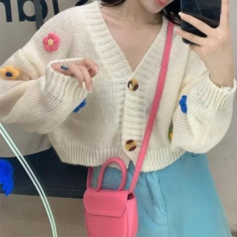 PTKPCC New Autumn Colourful Applique Flower Cardigan for Women Cute Long V-neck Knit Crop Sweater Girl Soft Knitwear - Tasawoq