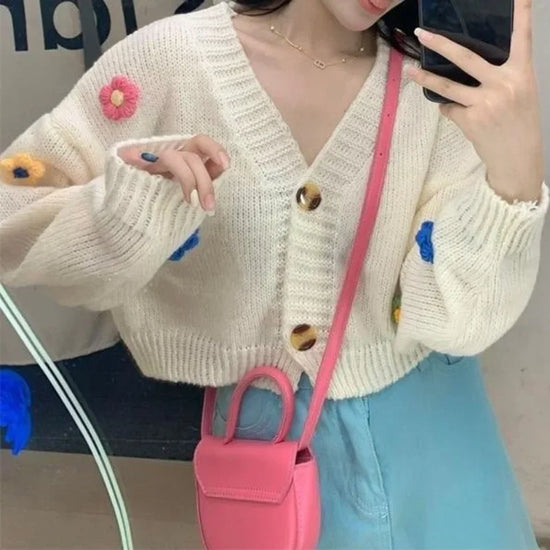 PTKPCC New Autumn Colourful Applique Flower Cardigan for Women Cute Long V-neck Knit Crop Sweater Girl Soft Knitwear - Tasawoq