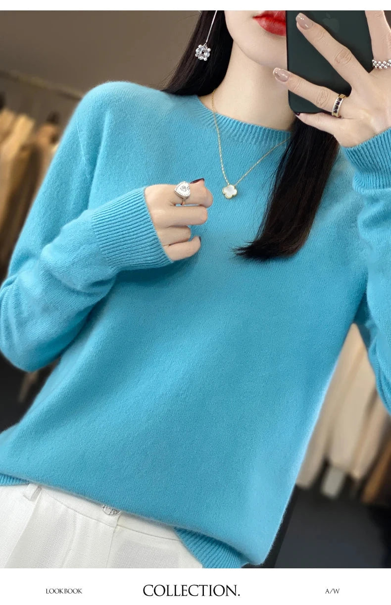 Women's 100% Beautiful Wool Round Neck Top Fashion Versatile Knitted Loose Long Sleeve Pullover Thin Sweater Yuan Ling - Tasawoq