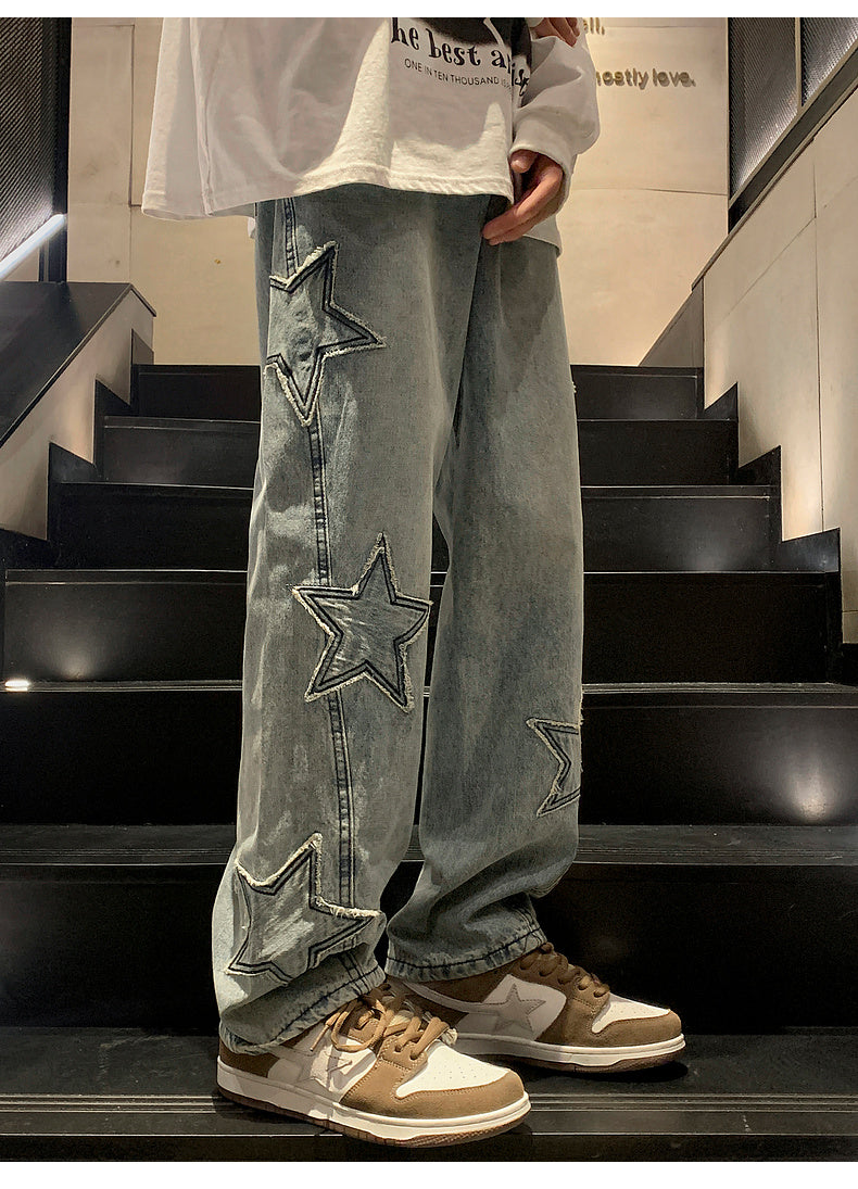 Star Embroidery Straight Casual Men Jeans Gothic Neutral New Wide Leg Loose Hip-hop Fashion Youth Streetwear Denim Trousers Y2K - Tasawoq