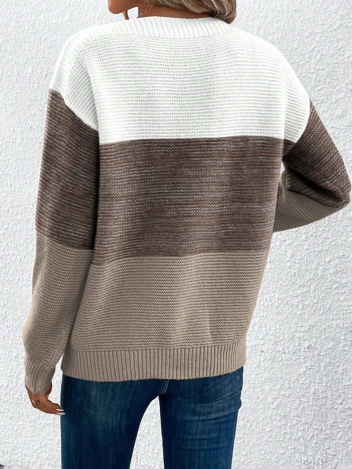 Elegant Three-color Patchwork Sweater Women Daily Commuter Casual Loose Jumpers Female Autumn Winter Knitted Thickened Warm Tops - Tasawoq