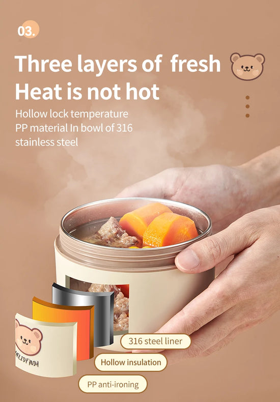 WORTHBUY Cute Bear 304 Stainless Steel Thermal Lunch Box For Kids Adults Portable Microwave Bento Box Leak Proof Food Container