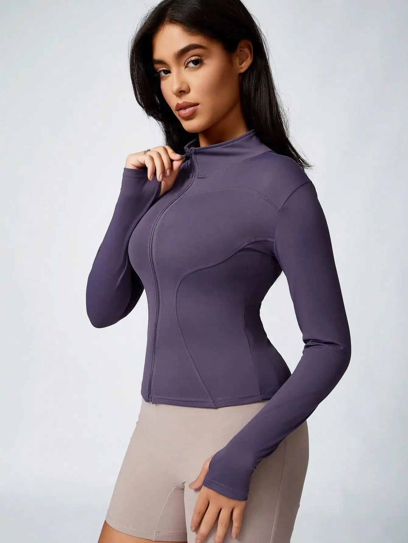 Women's Solid Color Zipper Turtleneck Sports Jacket, Long-Sleeved Sports Top, Gym Wear, Ladies' Sportswear for Indoor and Outdoo - Tasawoq