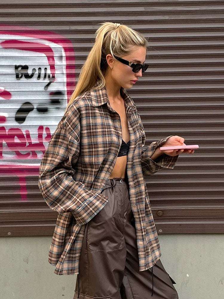 Spring Autumn Vintage Plaid Checkered Shirt Women's Long Sleeve Blouse Loose Single Breasted Casual Shirt - Tasawoq