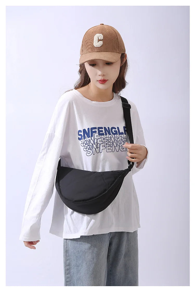 Solid Color Women's Portable Shoulder Bag Simple Female Nylon Cloth Padded Crossbody Bags Travel Purse Handbags Messenger Bag - Tasawoq