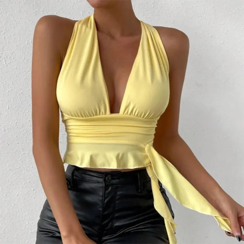 Women's Sexy Tight Fitting Deep V-neck Pleated Top Tight Fitting 2024 Spring Beach Resort Nightclub New Model Women's Sexy Tigh - Tasawoq