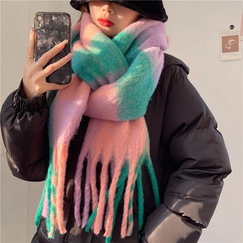 2025 Winter Thick Warm Scarf Women Cashmere Shawl and Wraps Pashmina Neckerchief Bufanda Female Rainbow Hairy Tessel Echarpe New - Tasawoq