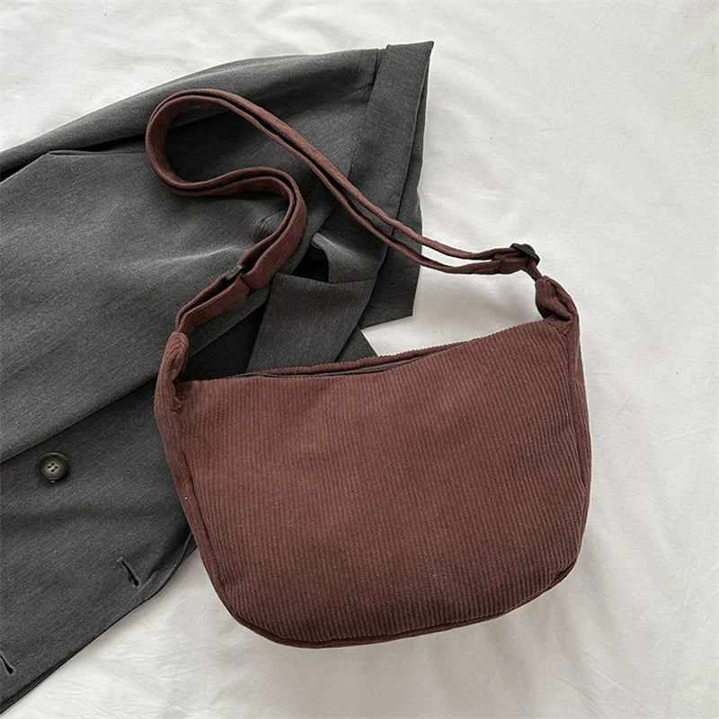 Corduroy Shoulder Bag Minimalist Crossbody Bag Women's Handbags Fashion Fabric Underarm Bag Solid Color Zipper Female Handbag - Tasawoq