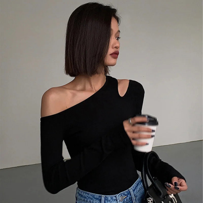 Fashion Skew Collar Off-shoulder Long-sleeved T-shirts Women Spring New Solid Slim Fit Crop Top Sexy Hollow Out Tees Shirts - Tasawoq