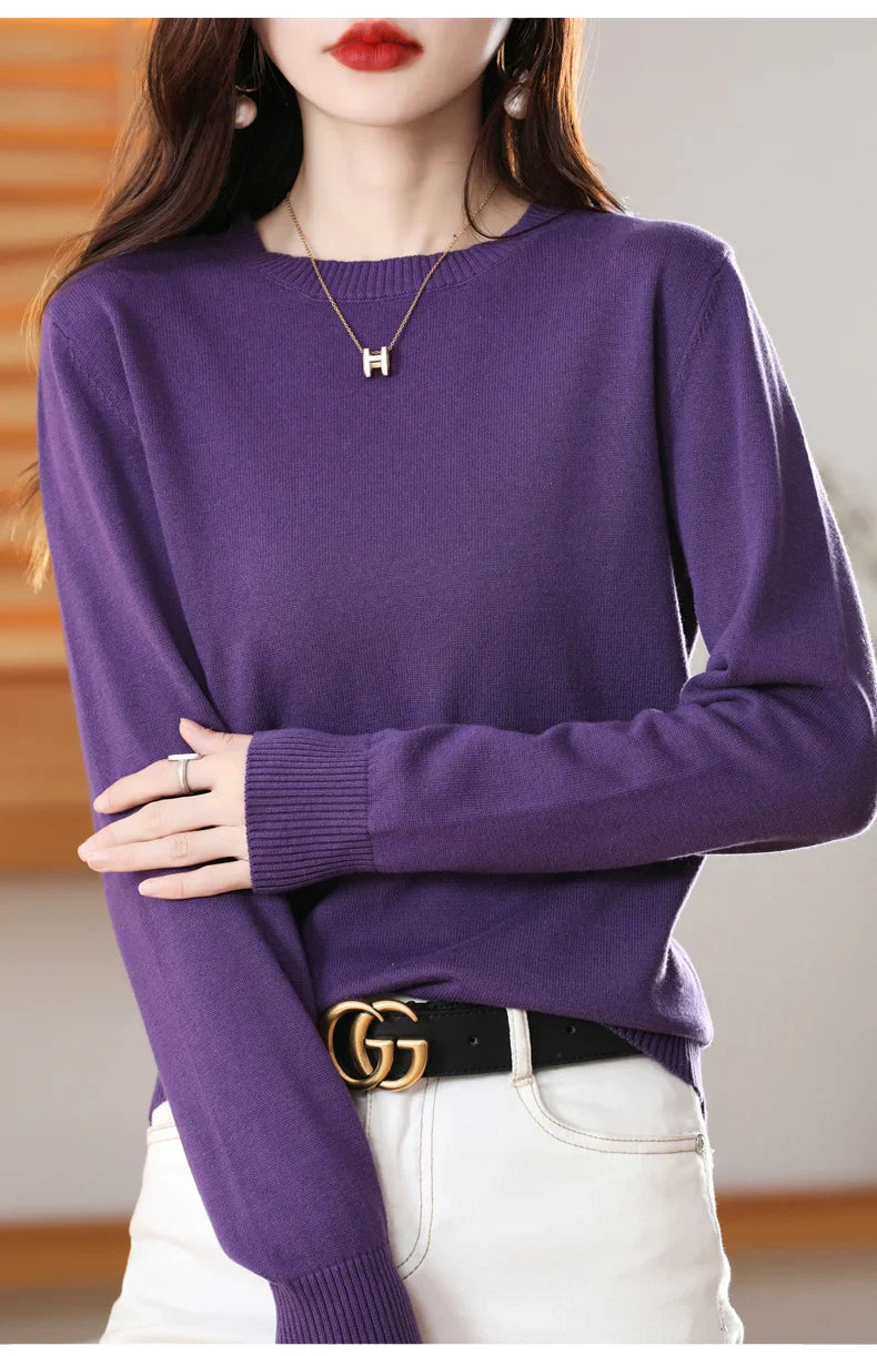 Women's 100% High-quality Cotton Knitted Sweater, Temperament Round Neck Top, Breathable And Versatile Pullover, Long Sleeved - Tasawoq