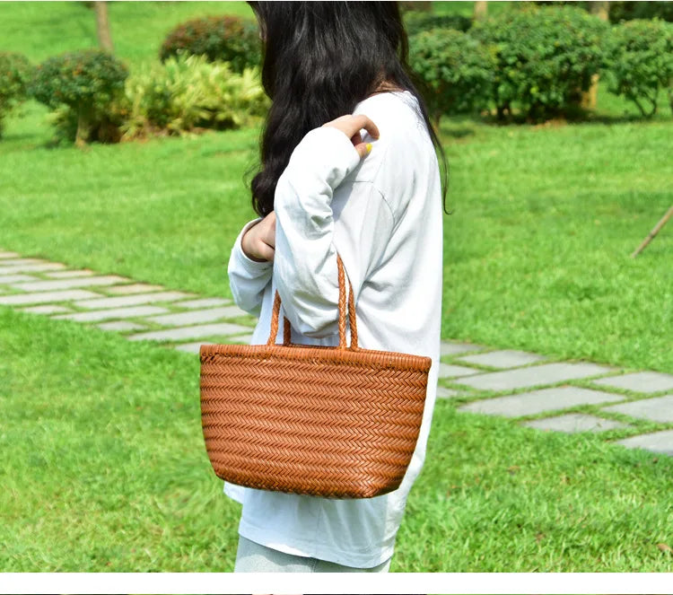 Handbags Women's Genuine Leather Shoulder Bag Weaving Casual Shopping Bag Vintage Big Tote Purse Cowhide Cross Hand Bags Lady - Tasawoq
