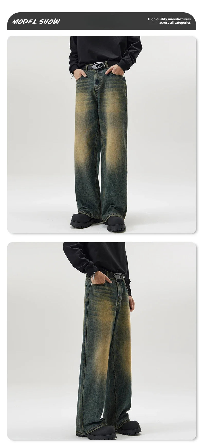 4 Colors Autumn Vintage Distressed Men's Baggy Straight Jeans Fashion Korean High Street Denim Pants Streetwear Male Trousers - Tasawoq