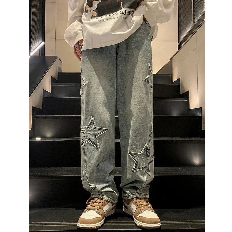 Star Embroidery Straight Casual Men Jeans Gothic Neutral New Wide Leg Loose Hip-hop Fashion Youth Streetwear Denim Trousers Y2K - Tasawoq