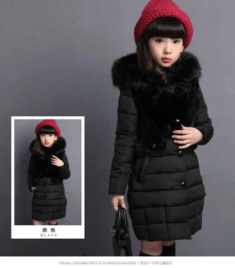 2024 Winter Warm Jackets for Girls Fashion Fur Hooded Children Girls Waterproof Outwear Kids Cotton Lined Parkas - Tasawoq